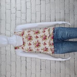Body Central Floral Print Sleeveless Banded Bottom Halter Blouse in Beige/Pink